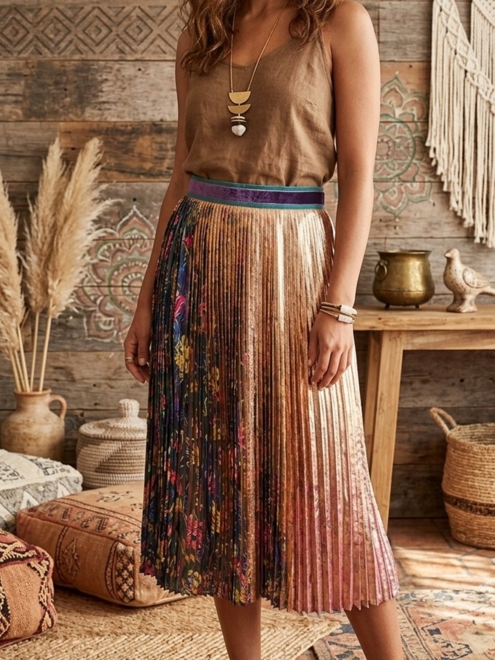932 Anthropologie Maeve Metallic Printed Pleated Midi Skirt Floral Split Panel 0